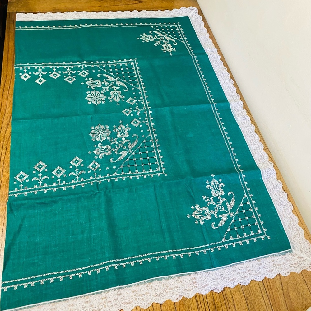 Vintage Unused Art Deco Green Linen Embroidery Lace Tablecloth Italy 70x52